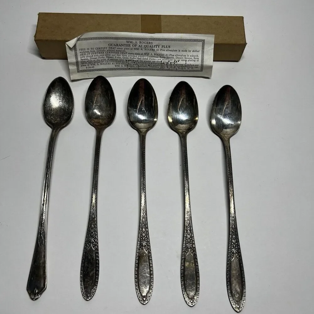 5 Vintage 1940 Wm A Rogers Oneida Silverplate Iced Tea Spoons With Box